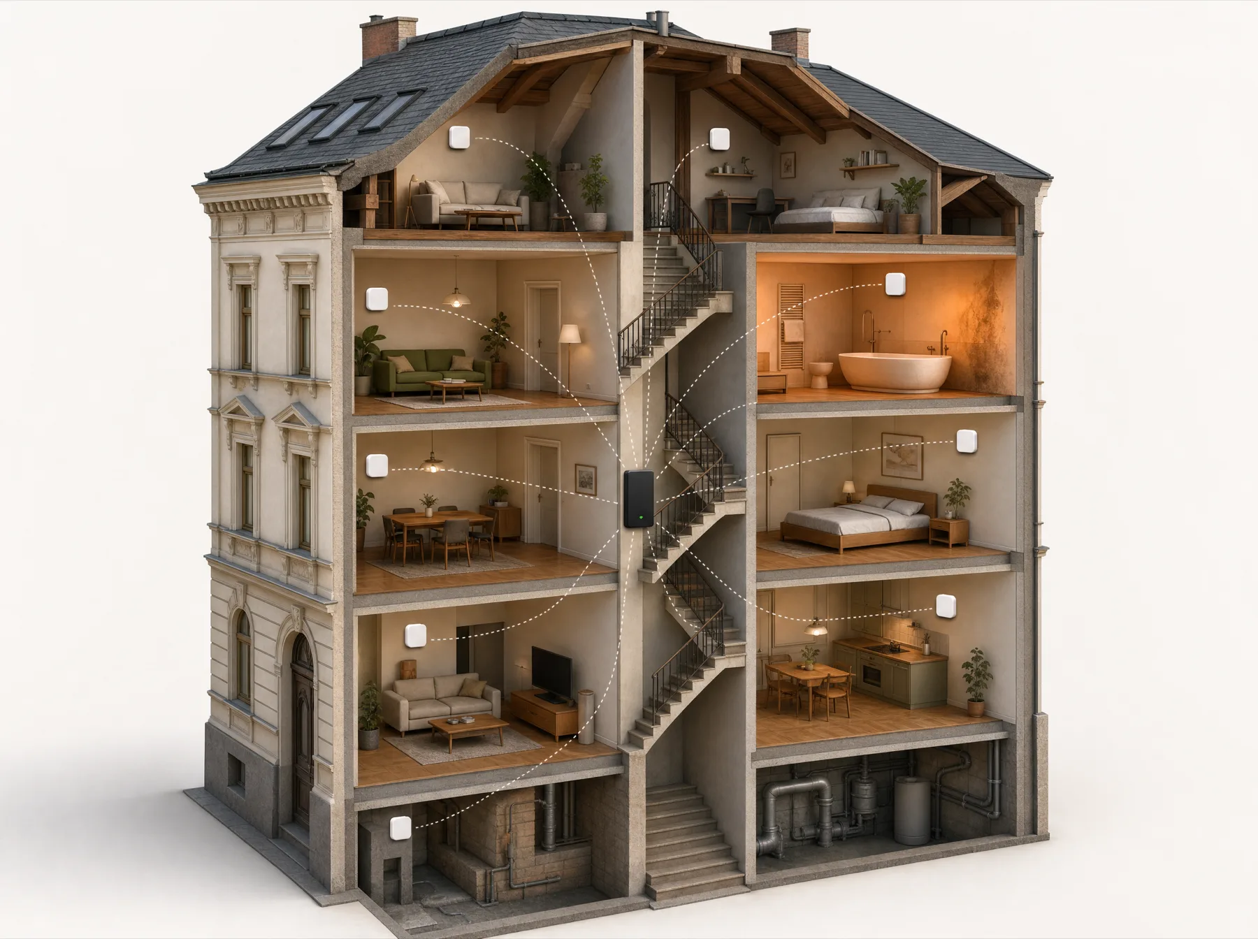 Schnitt-Illustration eines Gründerzeithauses mit Messpunkten in jedem Raum, per Funk verbunden mit der Basisstation im Stiegenhaus