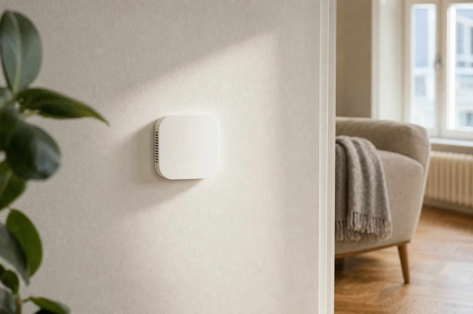 San-Care Messpunkt an der Wand eines Wohnraums, im Hintergrund Sofa und Fenster